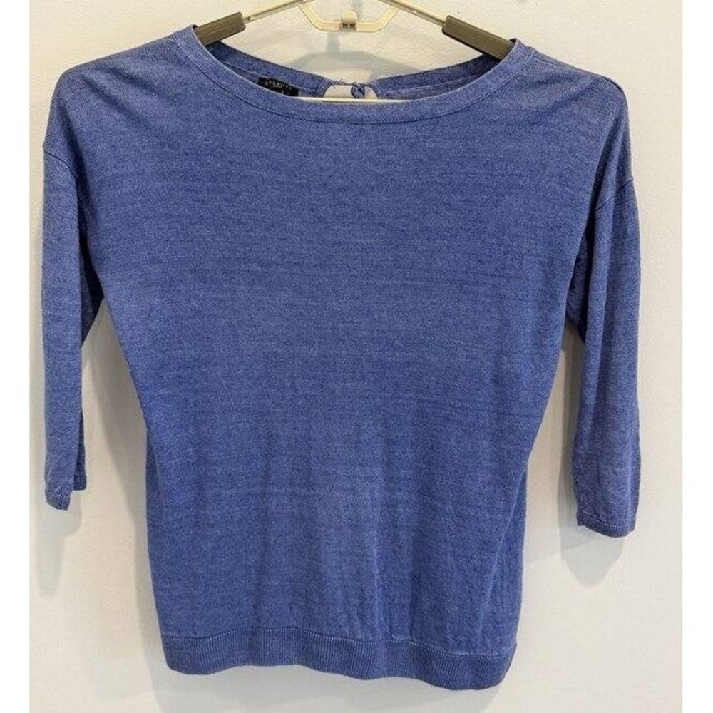 Talbots 100% Linen Blue Sweater Boat Neck Tie Back 3/4 Sleeve M Petite